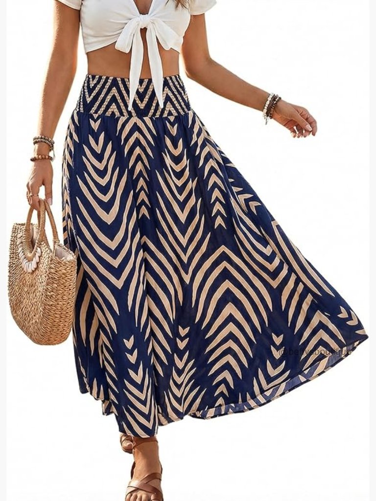 High Waist Smocked Midi Skirt Asymmetrical Hem Casual Coverup